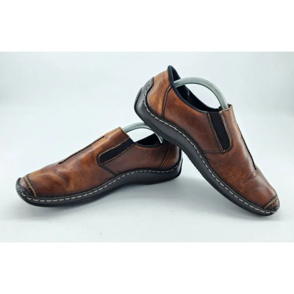 Rieker Women's Celia Square Toe Slip On Loafer Comfort Shoes Brown Leather Sz 39